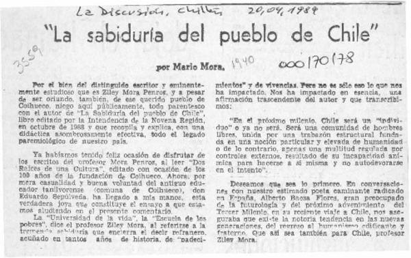 "La sabiduría del pueblo de Chile"  [artículo] Mario Mora.
