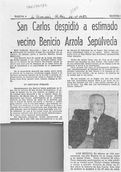 San Carlos despidió a estimado vecino Benicio Arzola Sepúlveda  [artículo].
