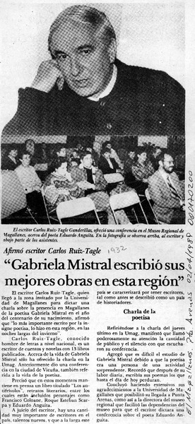 "Gabriela Mistral escribió sus mejores obras en esta región"  [artículo].