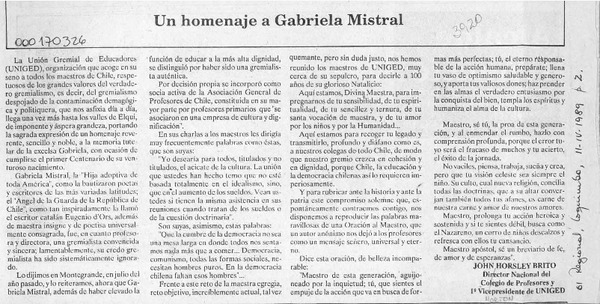 Un homenaje a Gabriela Mistral  [artículo] John Horsley Brito.