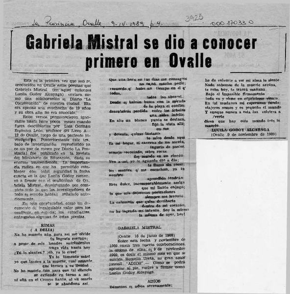 Gabriela Mistral se dio a conocer primero en Ovalle  [artículo].