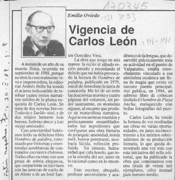 Vigencia de Carlos León  [artículo] Emilio Oviedo.