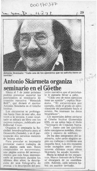 Antonio Skármeta organiza seminario en el Goethe  [artículo].