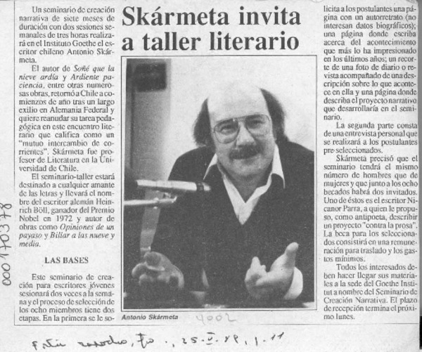 Skármeta invita a taller literario  [artículo].