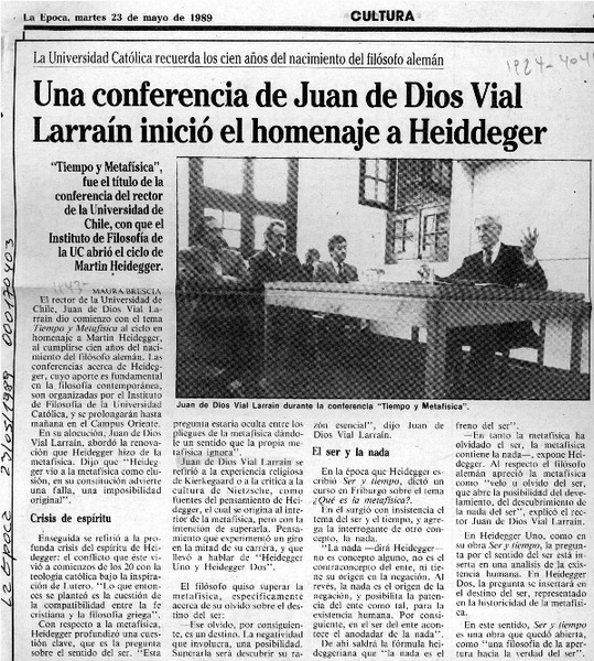 Una conferencia de Juan de Dios Vial Larraín inició el homenaje a Heiddeger  [artículo] Maura Brescia.
