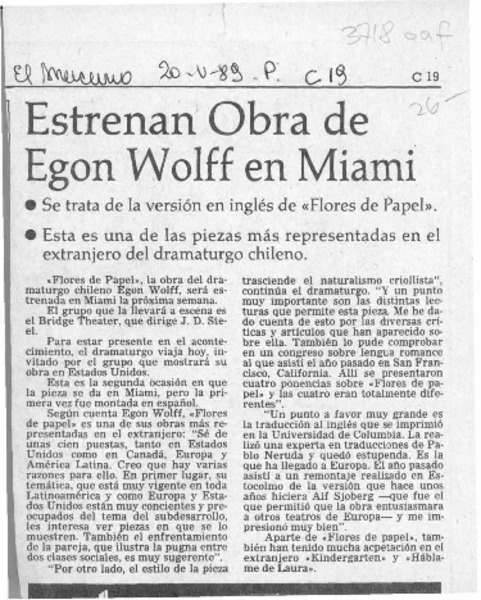 Estrenan obra de Egon Wolff en Miami  [artículo].