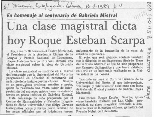 Una Clase magistral dicta hoy Roque Esteban Scarpa  [artículo].