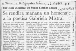 Se rendirá mañana un homenaje a la poetisa Gabriela Mistral  [artículo].