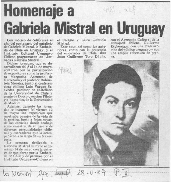 Homenaje a Gabriela Mistral en Uruguay  [artículo].