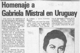 Homenaje a Gabriela Mistral en Uruguay  [artículo].