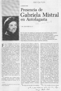 Presencia de Gabriela Mistral en Antofagasta  [artículo] Juan Bruce G.