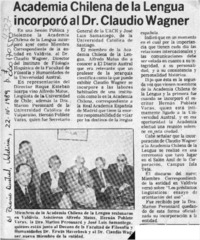 Academia Chilena de la Lengua incorporó al Dr. Claudio Wagner  [artículo].