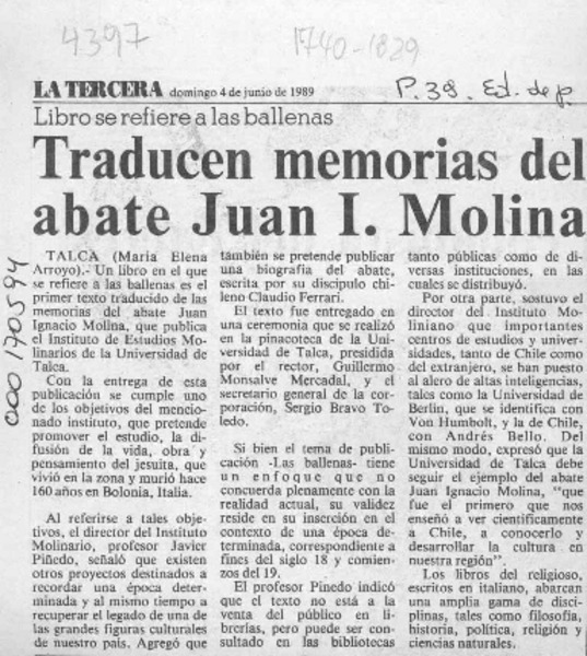 Traducen memorias del abate Juan I. Molina  [artículo] María Elena Arroyo.