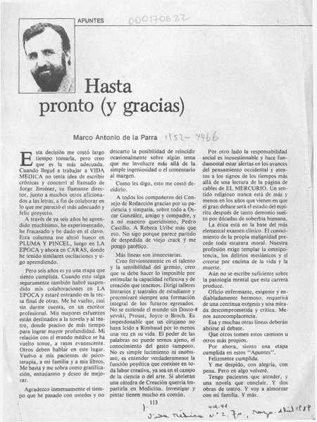 Hasta pronto (y gracias)  [artículo] Marco Antonio de la Parra.