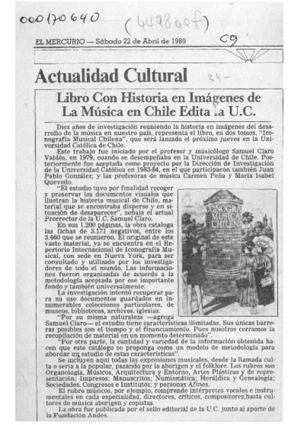 Libro con historia en imágenes de la música en Chile edita la U.C.  [artículo].