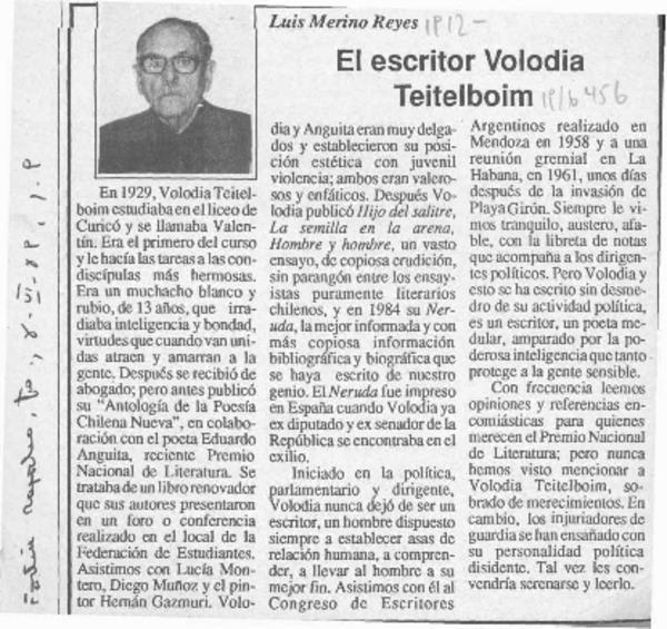 El escritor Volodia Teitelboim  [artículo] Luis Merino Reyes.