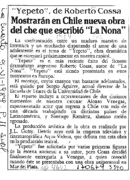 Mostrarán en Chile nueva obra del che que escribió "La Nona"  [artículo].
