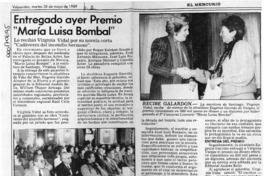 Entregado ayer premio "María Luisa Bombal"  [artículo].