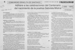 Comunidad israelita de Santiago adhiere a celebraciones del centenario del nacimiento de la poetisa Gabriela Mistral