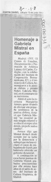 Homenaje a Gabriela Mistral en España  [artículo].