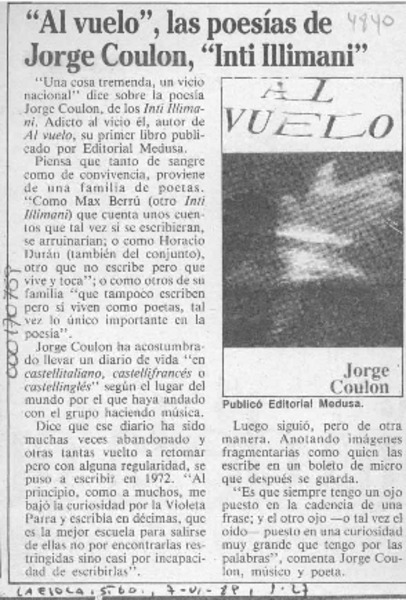 "Al vuelo", las poesías de Jorge Coulon, "Inti Illimani"  [artículo].