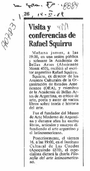 Visita y conferencias de Rafael Squirru  [artículo].