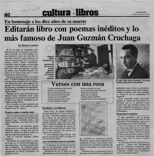 Editarán libro con poemas inéditos y lo más famoso de Juan Guzmán Cruchaga  [artículo] Mariluz Contardo.