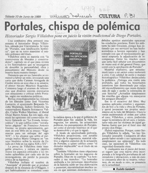Portales, chispa de polémica  [artículo] Rodolfo Gambetti.