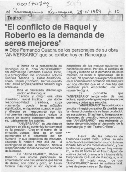 "El conflicto de Raquel y Roberto es la demanda de seres mejores"  [artículo].