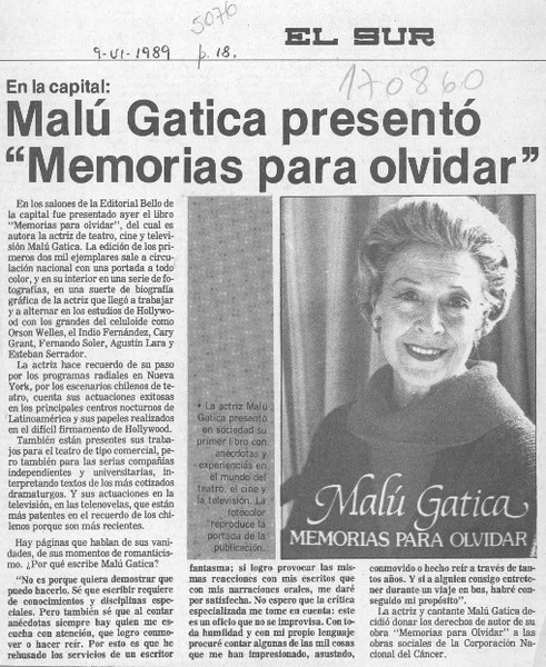 Malú Gatica presentó "Memorias para olvidar"  [artículo].