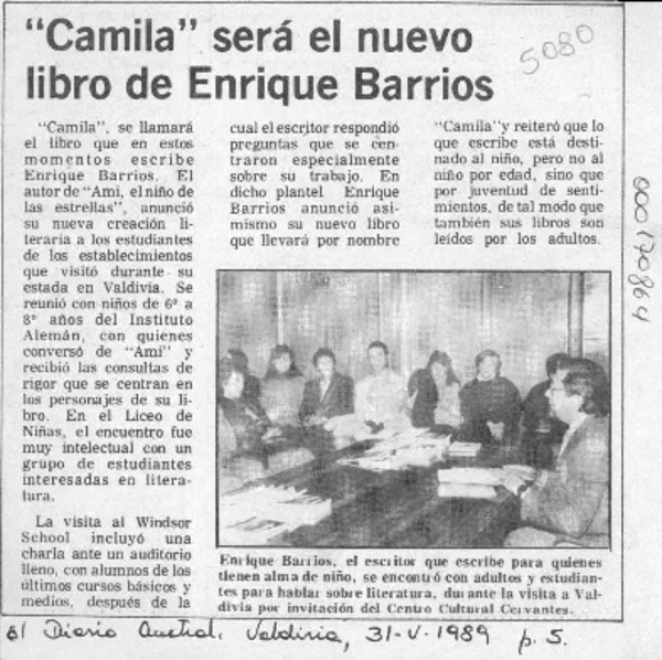 "Camila" será el nuevo libro de Enrique Barrios  [artículo].