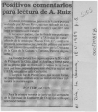 Positivos comentarios para lectura de A. Ruiz  [artículo].