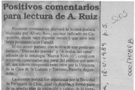 Positivos comentarios para lectura de A. Ruiz  [artículo].