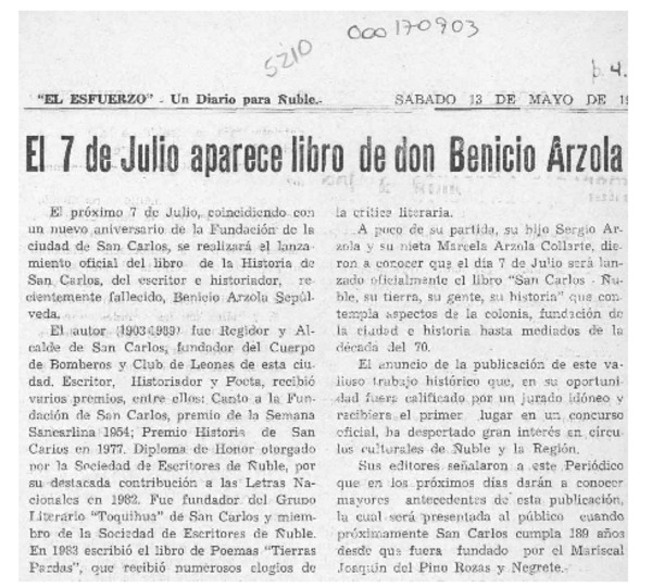 El 7 de julio aparece libro de don Benicio Arzola  [artículo].