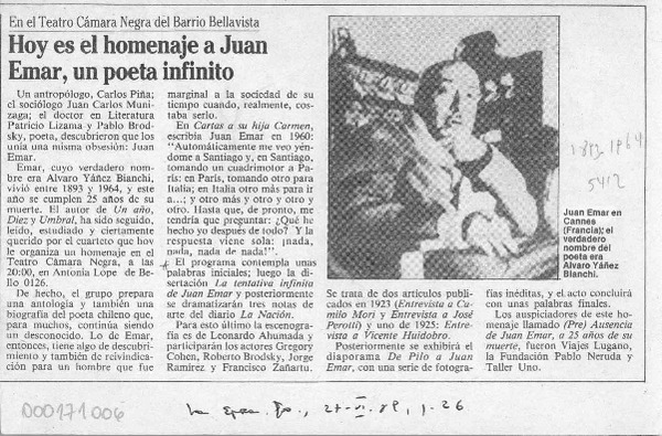 Hoy es el homenaje a Juan Emar, un poeta infinito  [artículo].