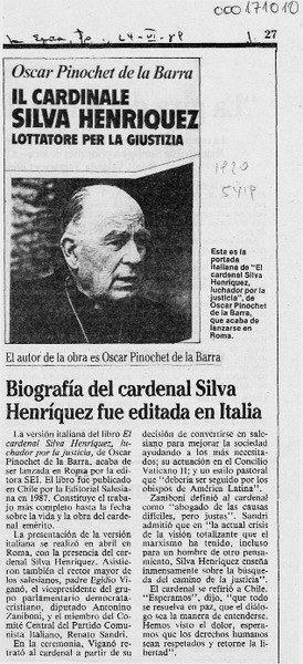 Biografía del cardenal Silva Henríquez fue editada en Italia  [artículo].