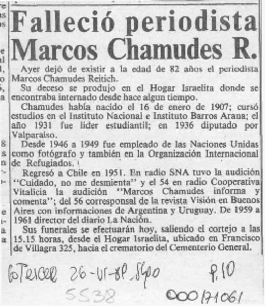 Falleció periodista Marcos Chamudes R.  [artículo].