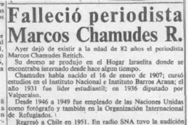 Falleció periodista Marcos Chamudes R.  [artículo].