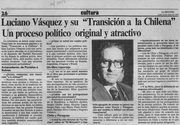 Luciano Vásquez y su "Transición a la chilena", un proceso político original y atractivo  [artículo].