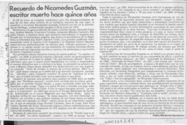 Recuerdo de Nicomedes Guzmán, escritor muerto hace quince años  [artículo] Pedro Mardones Barrientos.
