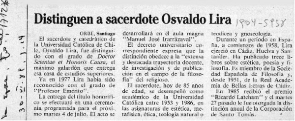 Distinguen a sacerdote Osvaldo Lira  [artículo].