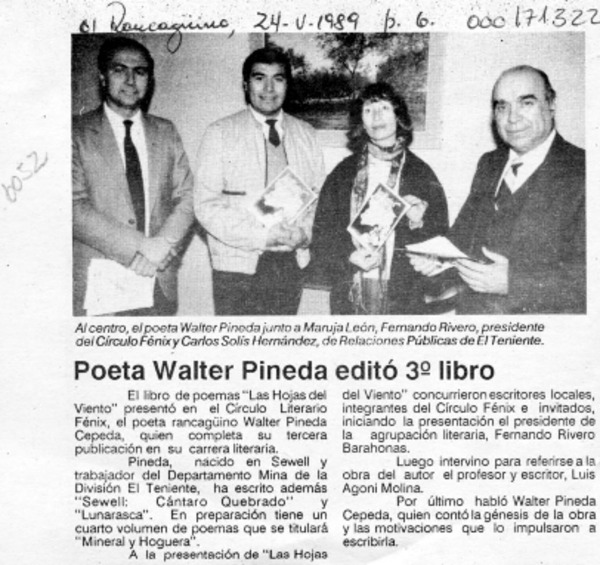 Poeta Walter Pineda editó 3er. libro  [artículo].