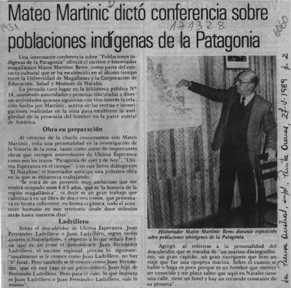 Mateo Martinic dictó conferencia sobre poblaciones indígenas de la Patagonia  [artículo].