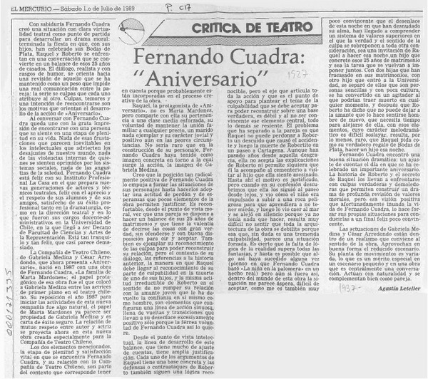 Fernando Cuadra, "Aniversario"  [artículo] Agustín Letelier.