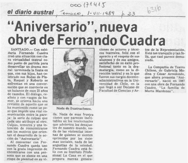 "Aniversario", nueva obra de Fernando Cuadra  [artículo].