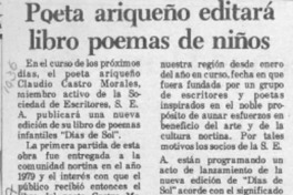Poeta ariqueño editará libro poemas de niños  [artículo].