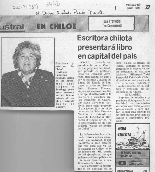 Escritora chilota presentará libro en capital del país  [artículo].