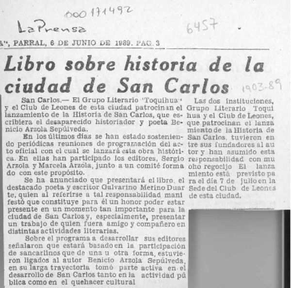 Libro sobre historia de la ciudad de San Carlos  [artículo].