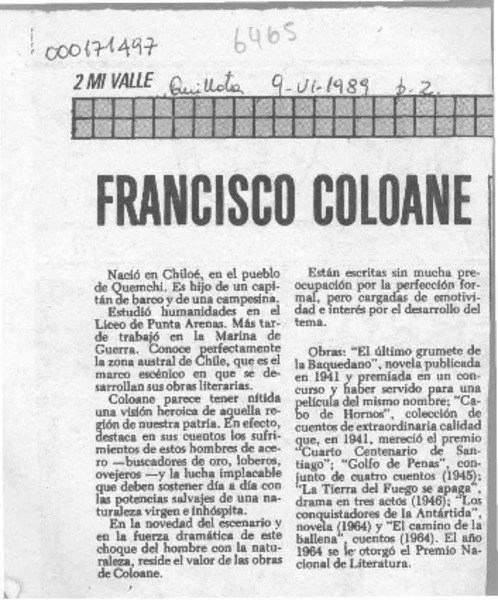 Francisco Coloane  [artículo].