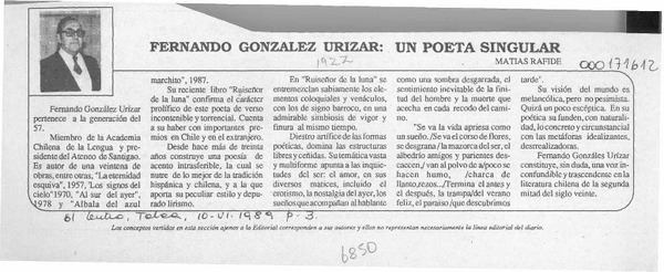 Fernando González Urízar, un poeta singular  [artículo] Matías Rafide.